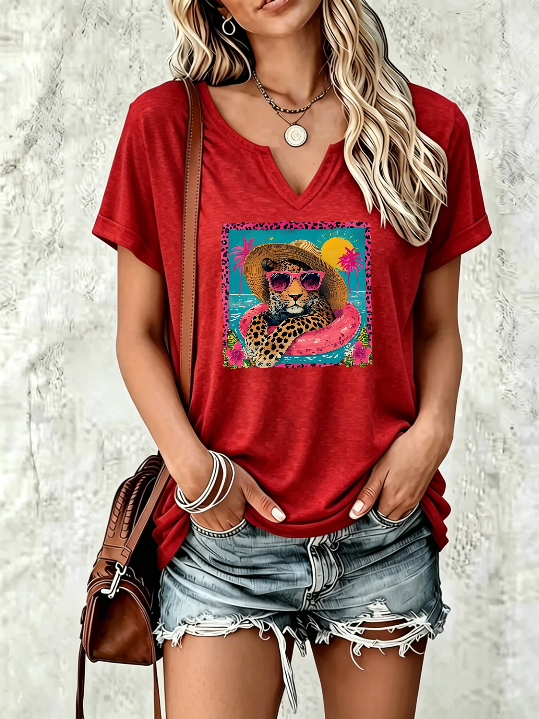 Women Summer V Neck T-shirt, Tropical Leopard Swimming Ring Graphic Print, Soft Casual Vacation Basic Tee for Ladies