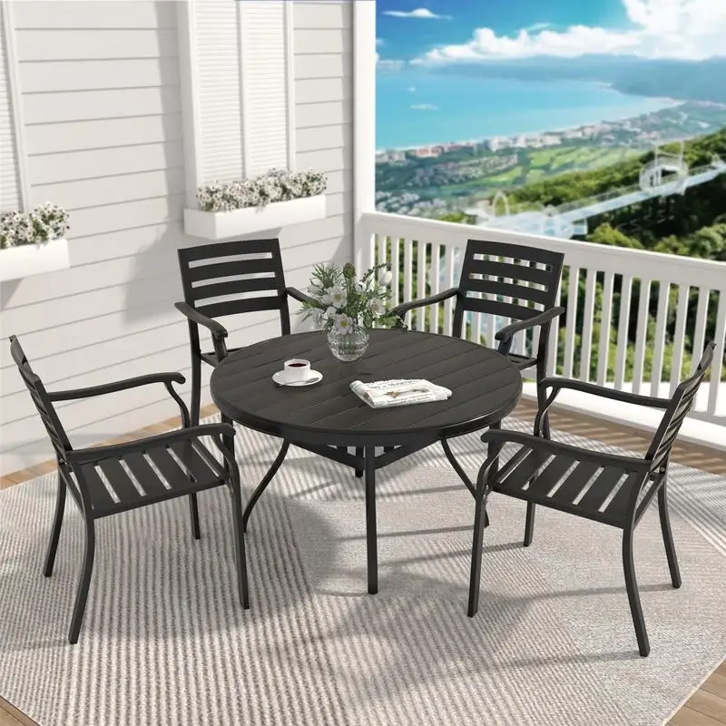 5-Piece Outdoor Dining Set, 4 Stackable Metal Chairs & 40.6-Inch Round Table for Lawn, Garden, Backyard, Deck