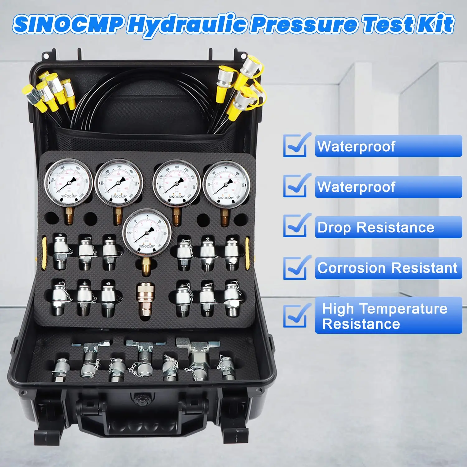 Hydraulic Pressure Test Kit with 5 Gauges 13 Couplings 14 Tee Connectors Pressure Gauge Kit for CAT, CASE, John Deere Excavator