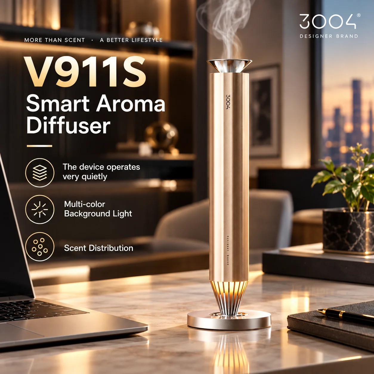 3004 Designer Pencil Type Gold 100ml Essential Oil Diffuser For Home Hotel Office V911S Professional Waterless Diffuser Silent