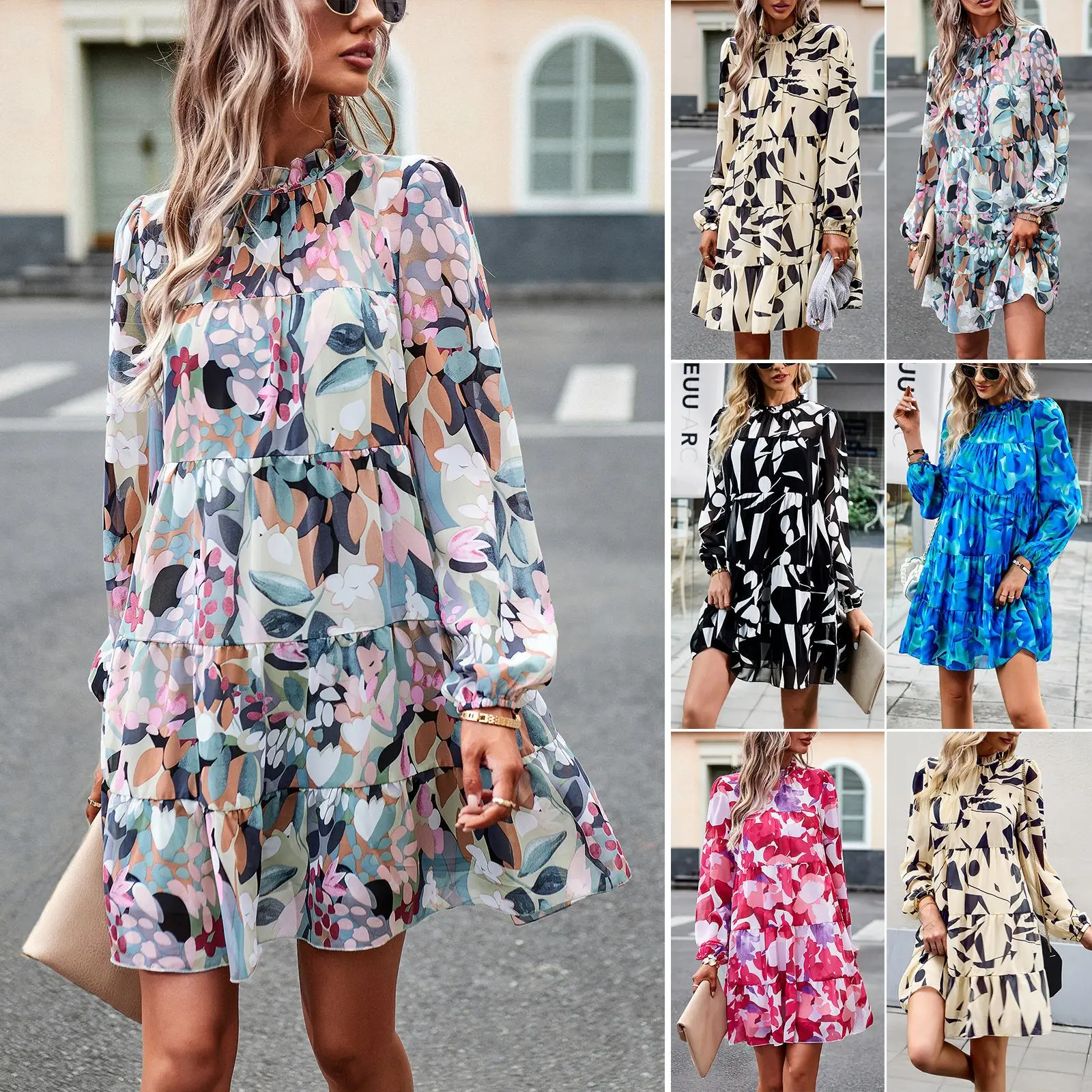 

High Quality Hot Selling Printed Dress 2024 Women's Elegant Temperament Long Sleeved Ruffled Edge Short Dress Vintage Dress Y2k