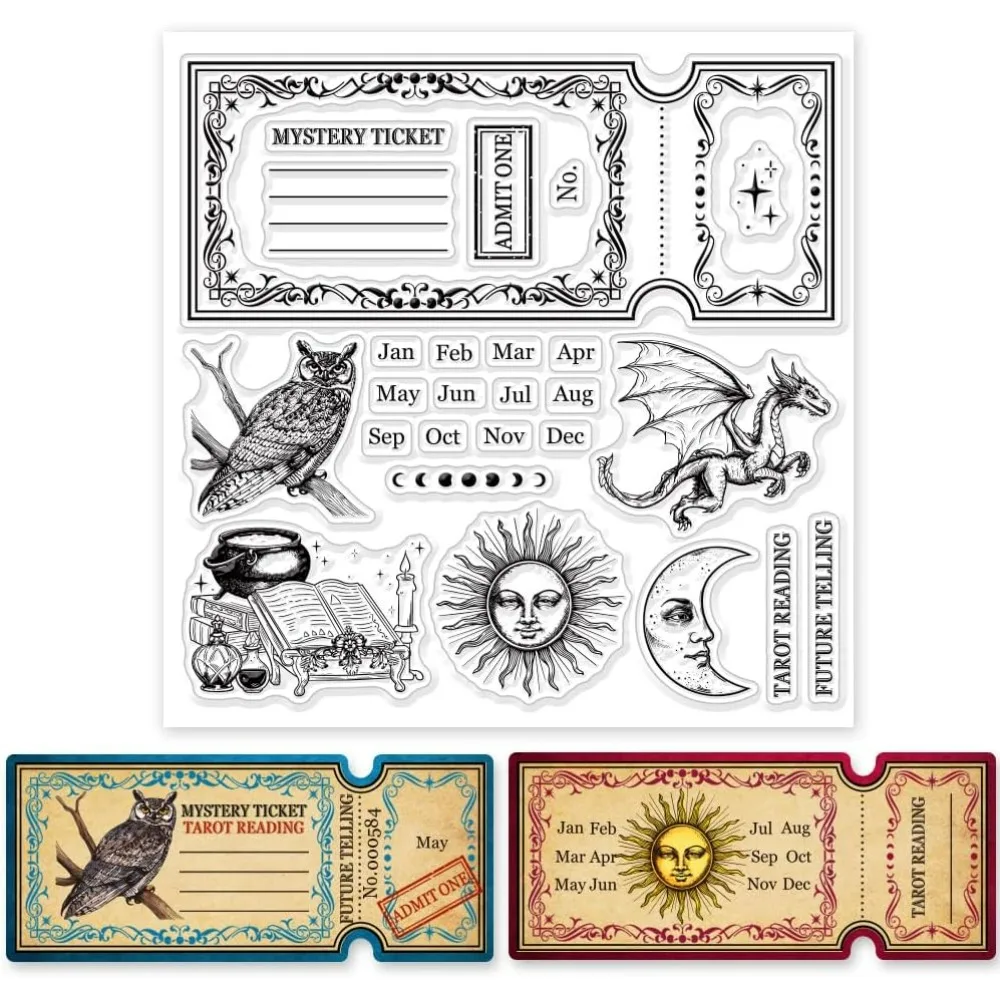 Magic Ticket Dragon Moon Clear Stamps for Card Making Owl Clear Silicone Stamp Moon Silicone Clear Stamps Seal Transparent