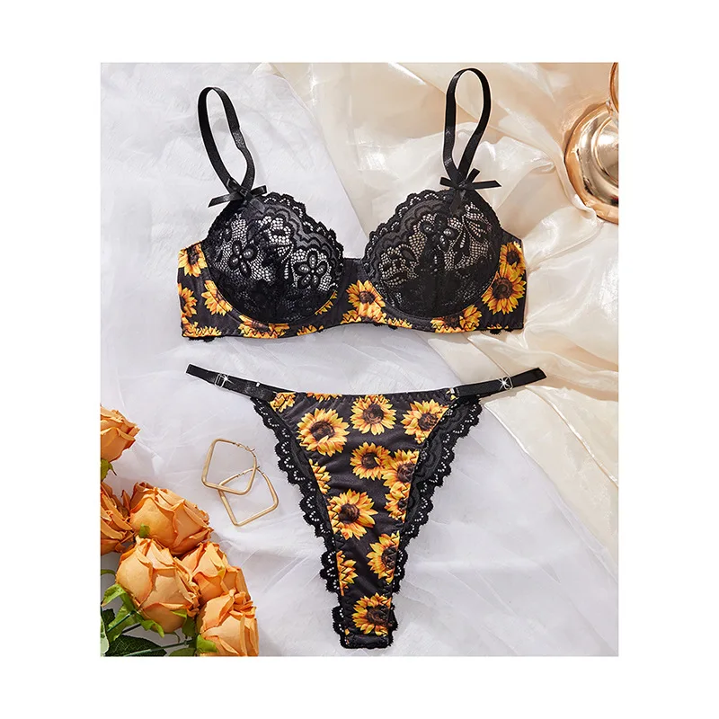 three-piece sexy underwear lace bra set new adjustable soft steel ring anti-sagging gathering lingerie breifs suit