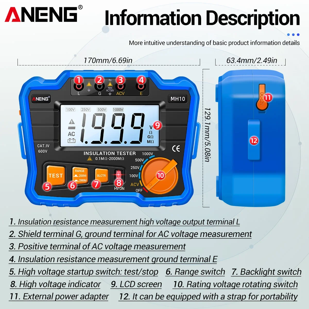 ANENG 디지털 절연 저항 게이지 Ohmer 테스터 자동 범위 백라이트 미터 1000V Megometer Megohmmeter Ohm Test HD MH10