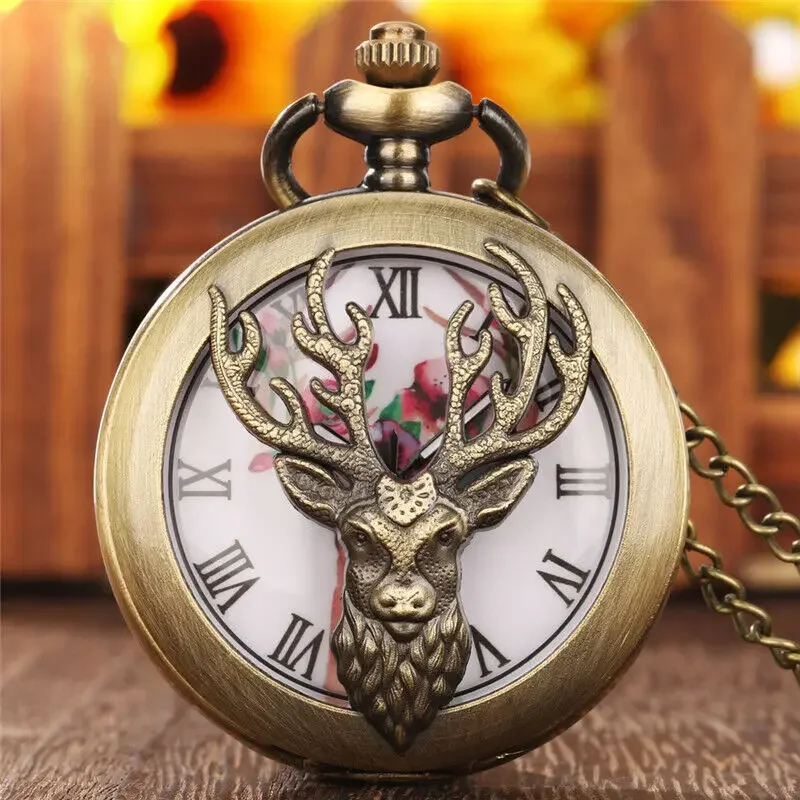 

Vintage Hollow Out Elk Pattern Half Hunter Quartz Movement Pocket Watch with Necklace Pendant Chain Gift Reloj De Bolsillo