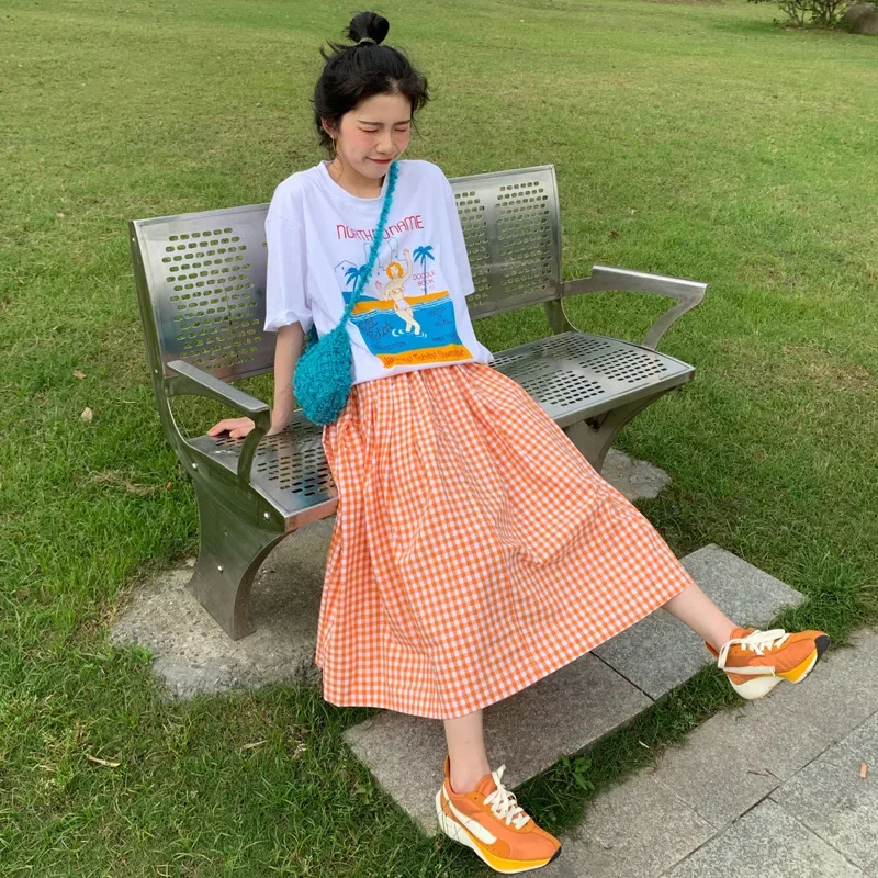 Harajuku Plaid Skirts Women Streetwear High Waist Cargo A Line Midi Skirts Student Preppy Style Vintage Ball Gown Skirt