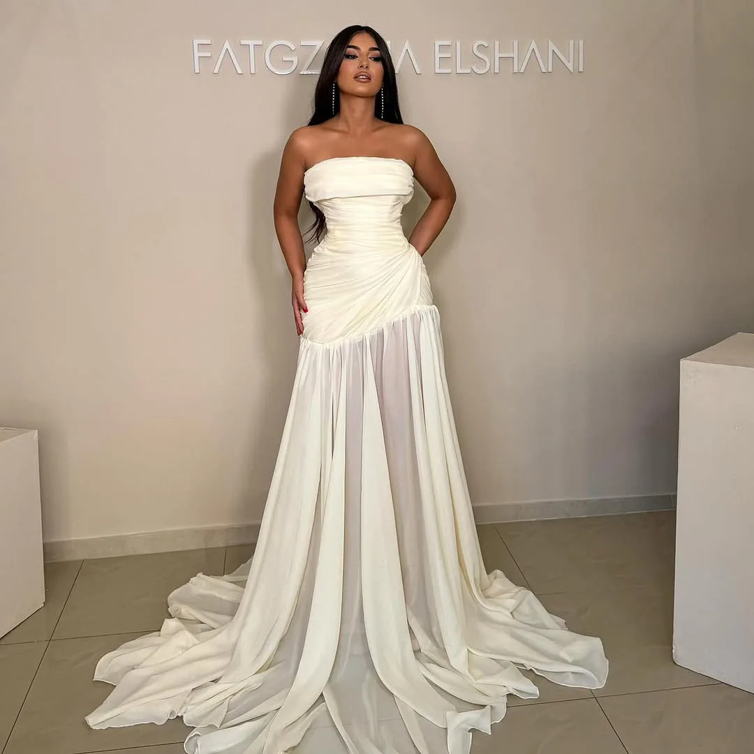 

Elegant White Satin Ball Gown Evening Dress for Prom Party Cocktail Formal Wear Long Train Women's Fashion Dress
