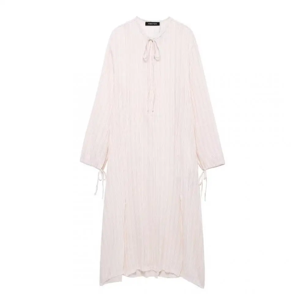 

Elegent Bow Striped Long Sleeve Dress Women's Casual Round Neck Lace Up Knit Long Dress Summer Fashion Beach Party Robes