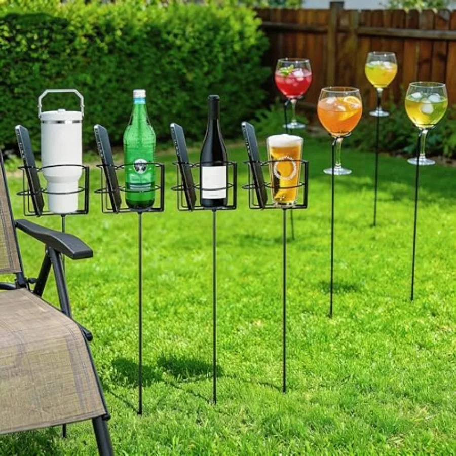 

Cup Holder Stake Set of 8, Outdoor 4 Drink and Phone Holder and 4 Goblet Can Stick, Heavy Duty Metal Decorative Ground Accessor