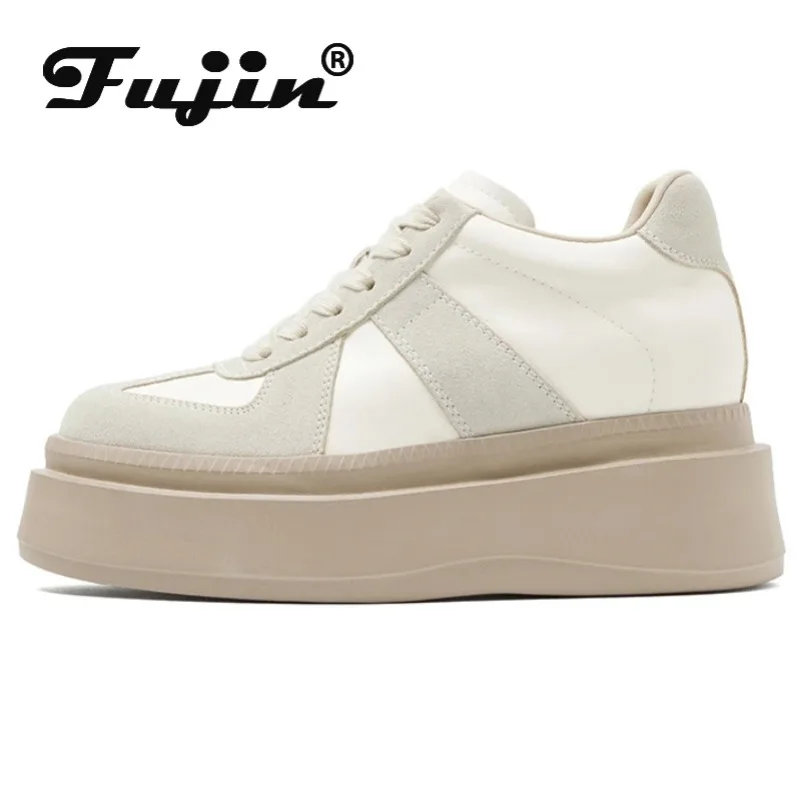 Fujin-Sapatilhas Chunky de Cunha de Camurça, Sapatos Plataforma, Sapatos Vulcanizar, Respirável, Casual, Confortável, Alta Marca, 7,5 cm, Primavera, Outono