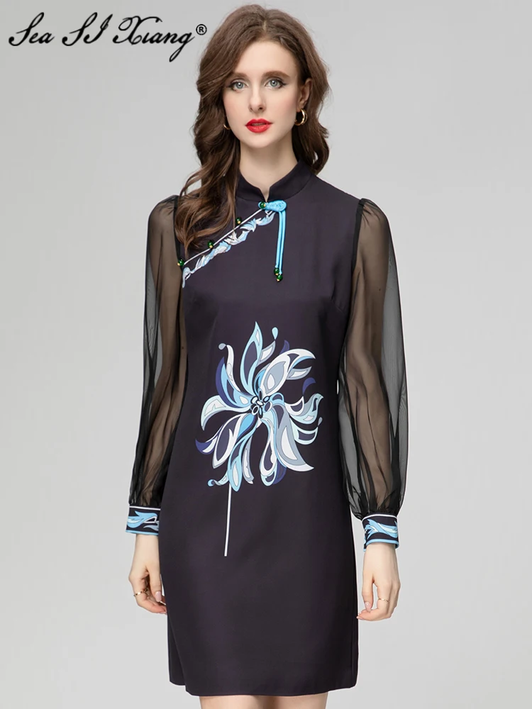 

Seasixiang Fashion Spring Mini Dress Women Stand Collar Lantern Sleeve Beading Disc Buckle Floral Print Chinese Style Dresses