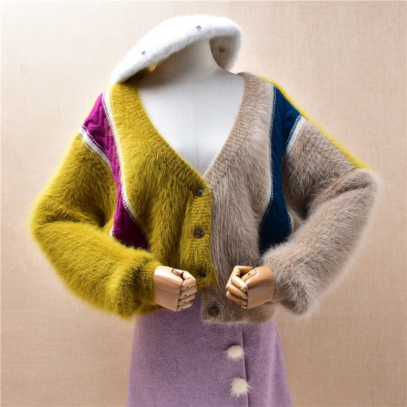 

Ladies Women Fall Winter Fashion Colored Hairy Mink Cashmere Knitted V-Neck Long Sleeves Crop Top Loose Cardigans Sweater Jacket