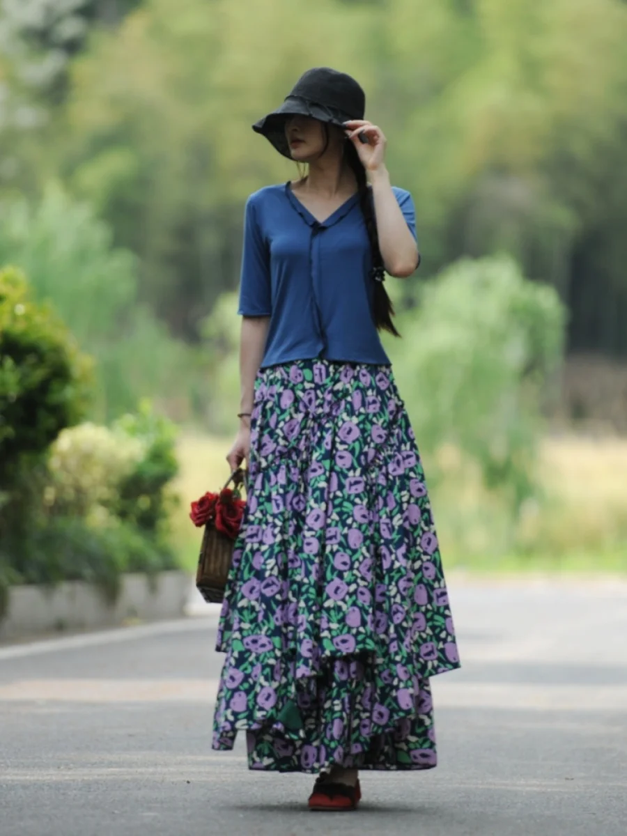 

Free Shipping 2024 New Fashion Long Maxi A-line Elastic Waist Women Summer Spring S-2XL Cotton Poplin Print Big Hem Skirts