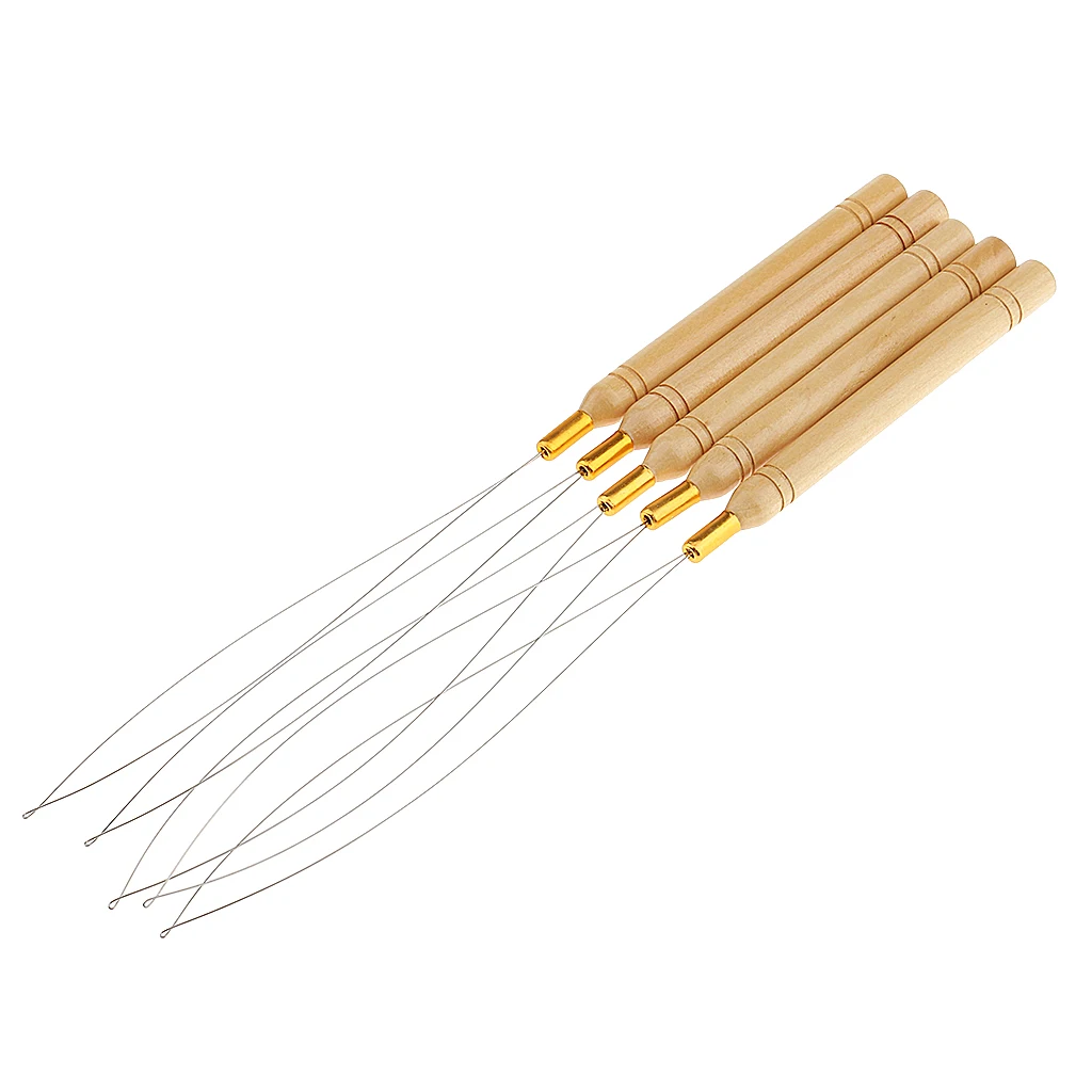 

5Pcs/Set Wooden Hair Extensions Loop Needle Threader Wire Pulling Hook Tool for Beads and Feathers