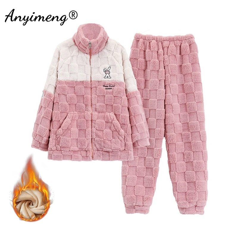 Winter Flannel Women Pajamas Zipper Lapel High-neck Sleepwear Thermal Thick Fluffy Loungewear Cardigan Pijamas Sporty Homewear