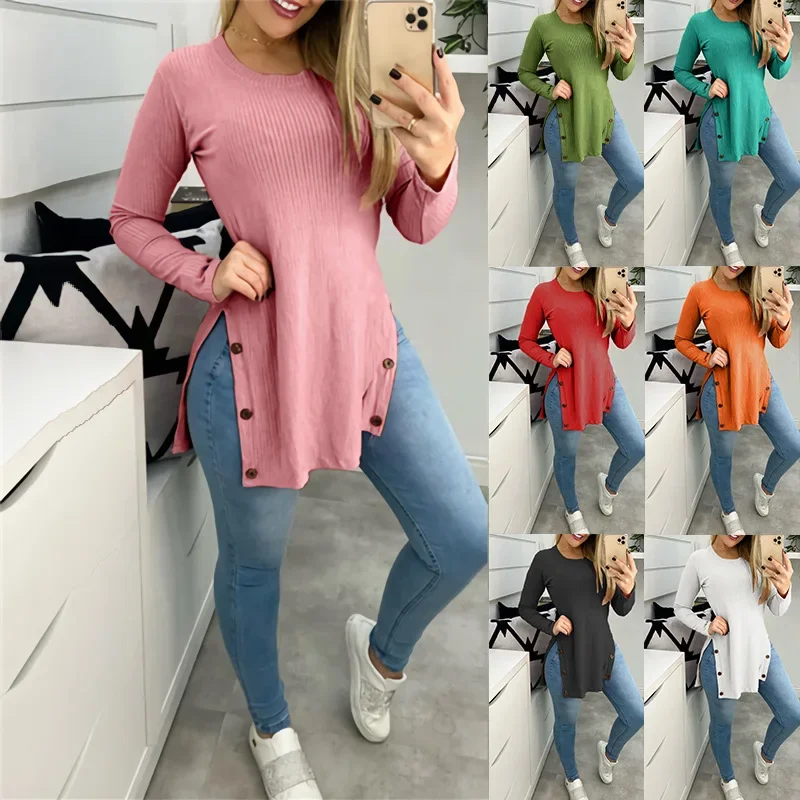 

Fashion Women's Tops Solid Round Neck Slit Buttons On Sides Casual Loose Long Sleeve Woman T-shirts Pullover Plus Size Clothes