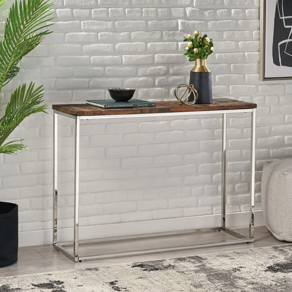 Boho Glam Console Table – Handcrafted Wood Top with Stainless Steel Frame in Dazzling Silver