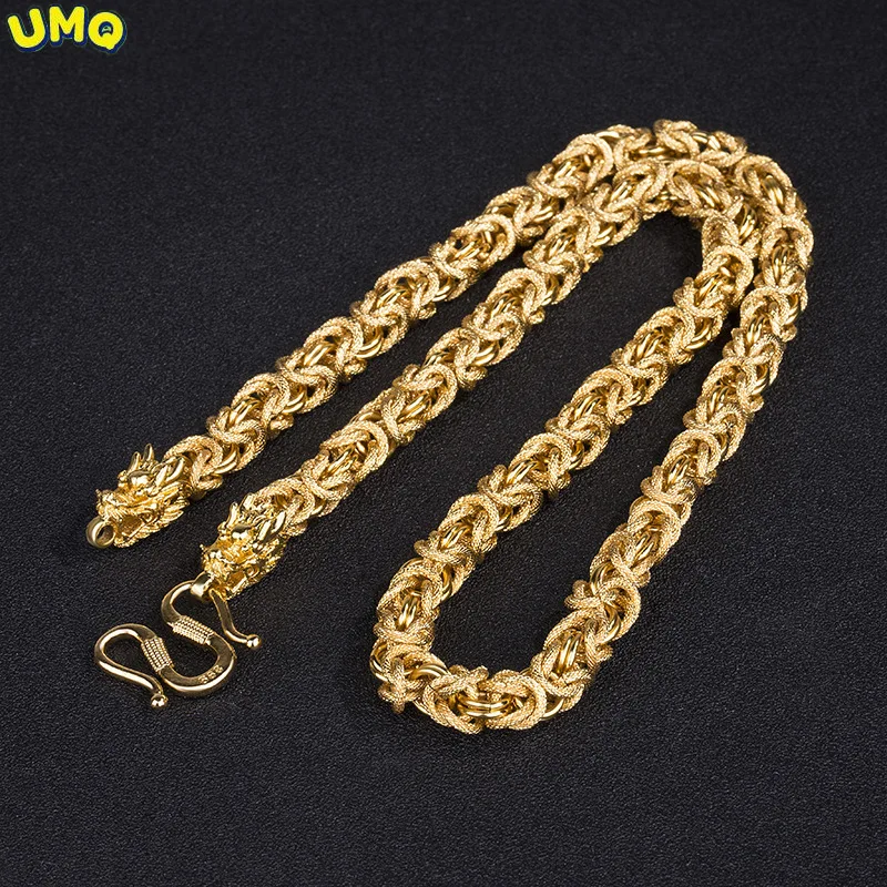 

Vintage 24k Necklace Dragon Real Yellow Solid Gold Plated Men's Necklace Dragon Ring Curb Chain Jewelry Don't Fade Gold Plated