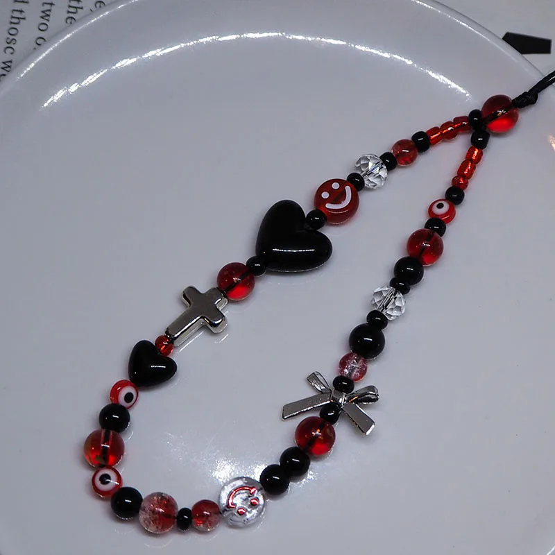 Red Mobile Phone Charm Strap Chain Lanyard Acrylic Bow Cross Women Black Heart Glass Beads Jewelry Girl Wristlet Keychain