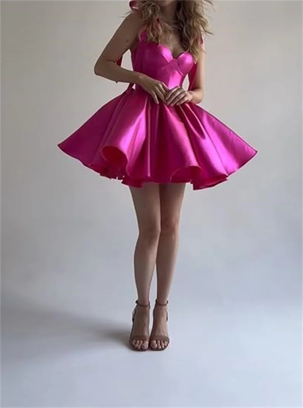 Hot Pink Satin Short Homecoming Dresses For Teens Sparkly Satin Sweetheart Princess Dresses With Bow Party Puffly Ball Gowns