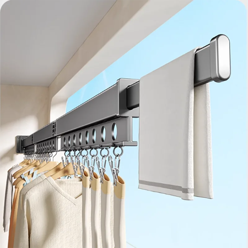 Hole-free Folding Clothes Drying Rack Invisible Wall Hanging Clothes Rod Outdoor Telescopic Aluminum Alloy Clothes Drying Rod