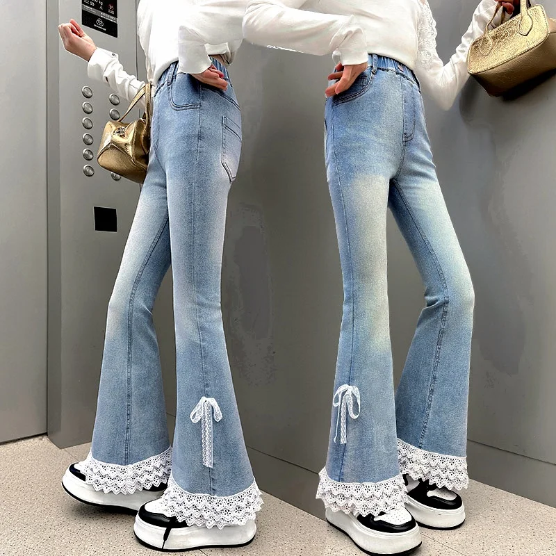 

Stylish Children High Fashion Flared Jeans with Lace Bow for Teenage Girl Street Denim Pants Kids Trendy Boot Cut Trousers 5-14Y