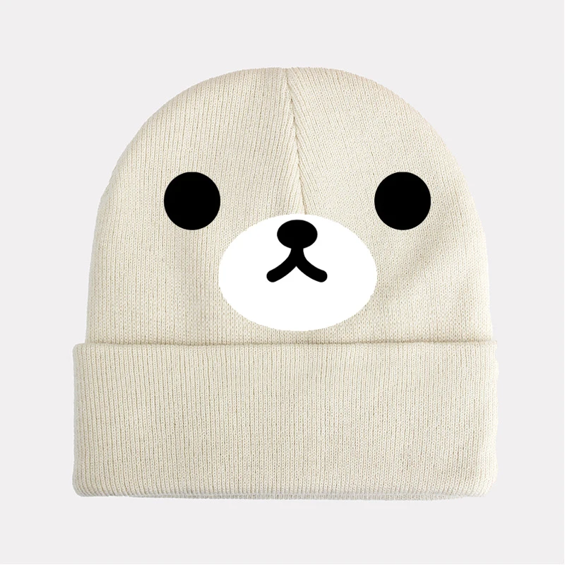 Leuke RULAKKUMA BEER Gebreide muts Muts Winter Warm Leuke Cartoon Anime Print Wollen muts voor kinderen Tieners Meisjes Jongens Outdoor Warme mutsen