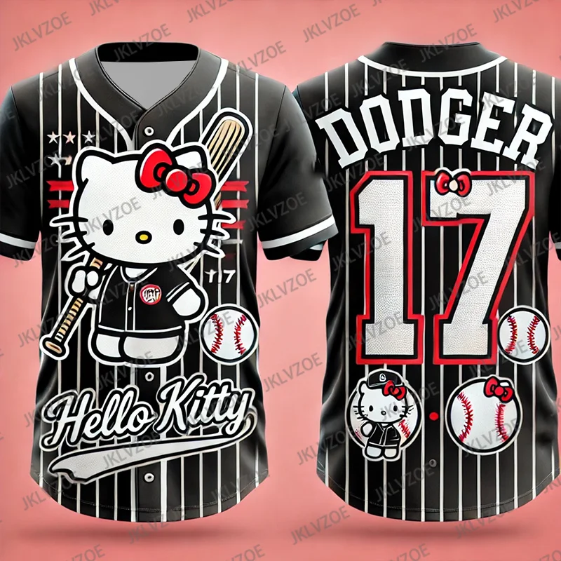 

Sanrio Hello Kitty Бейсбольная футболка LA Dodgers No.17 Топы Женская мода на пуговицах Уличная одежда Спортивная повседневная тренировочная бейсбольная майка