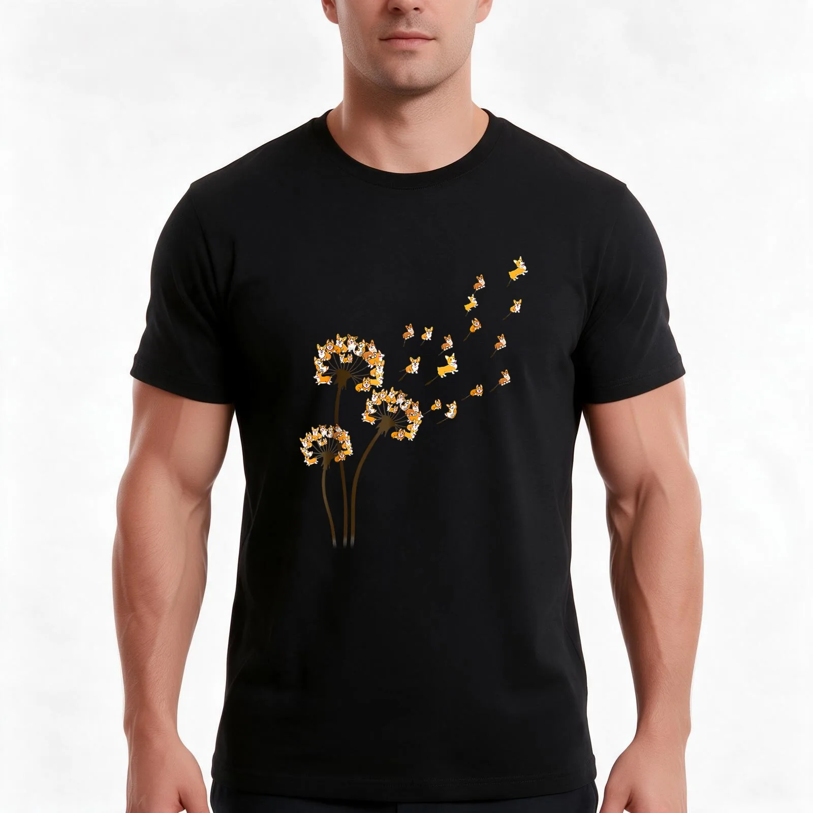 Corgi Flower Fly Dandelion Funny Dog Lover Cute Corgi T-Shirt Summer Casual Cotton Tee Oversized Streetwear Tops 100% Cotton