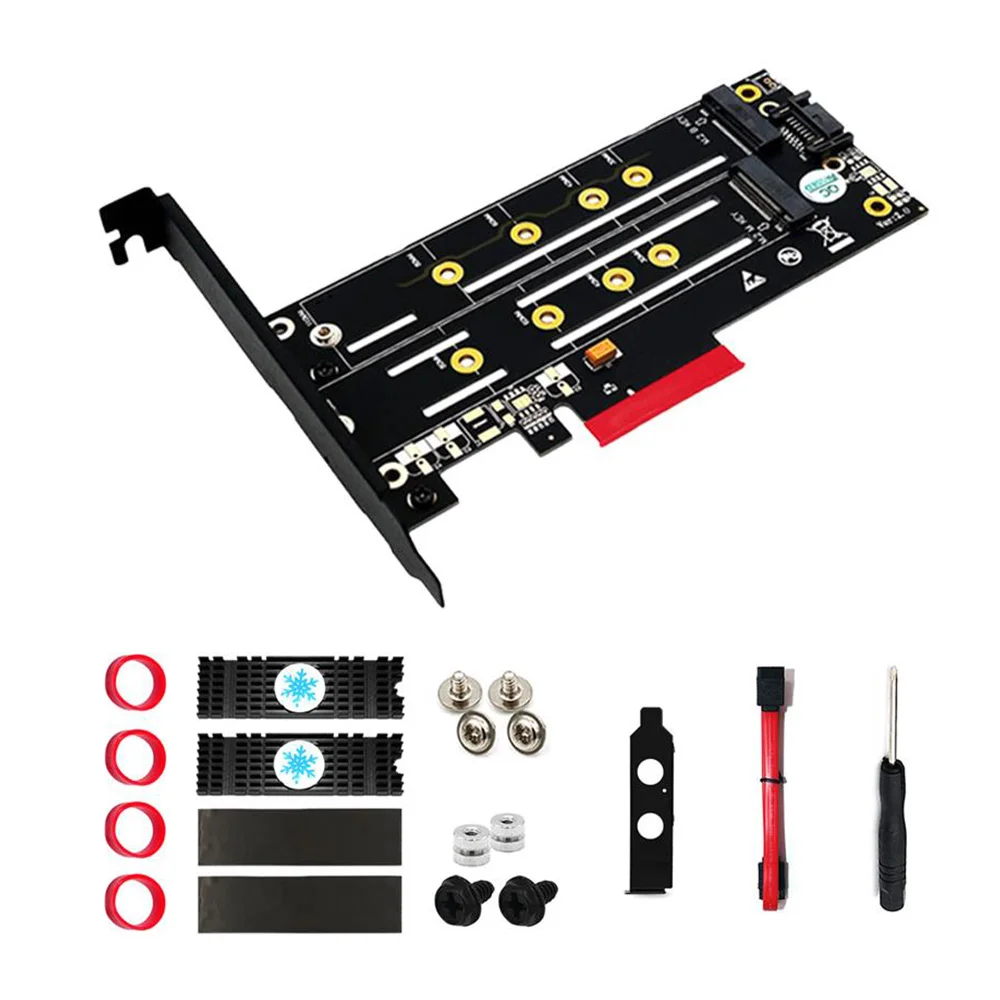 

M.2 NVMe SSD NGFF TO PCI-E X4 Adapter M.2 SATA to SATA III Adapter Card M Key B KEY Dual Interface, with Black Heat Sink