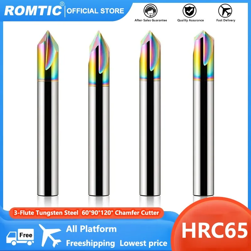 ROMTIC 3-Flute Chamfer Milling Cutter Colorful Tungsten Steel Carbide  60°90°120° CNC Mechanical Engraving End Mill Tool