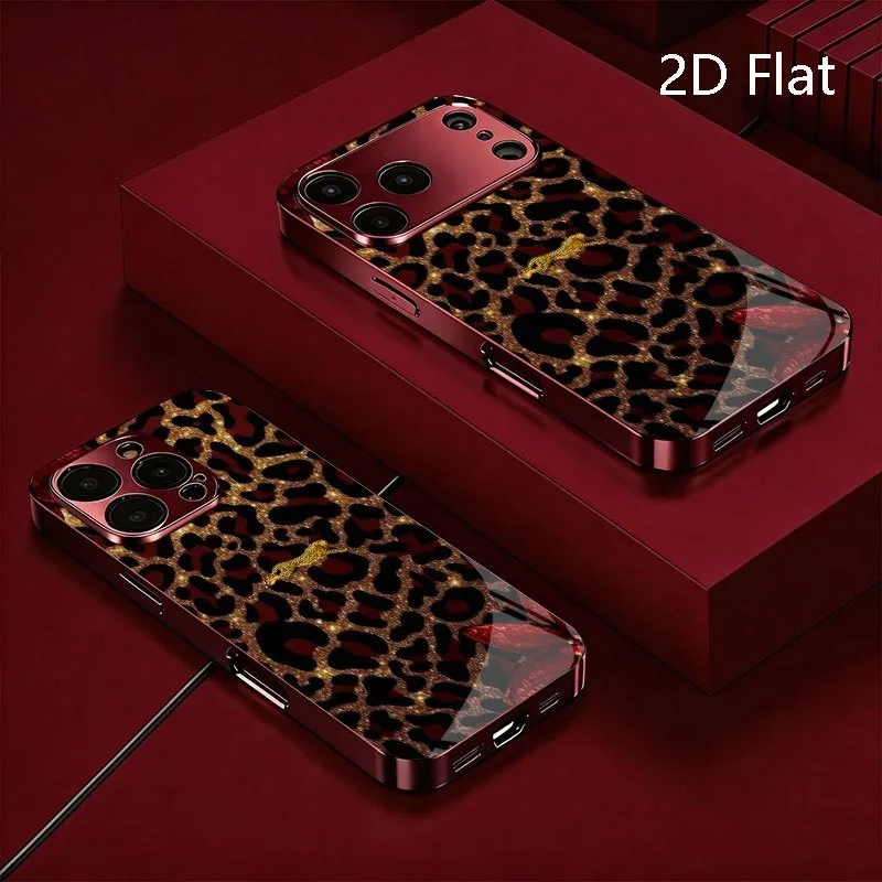 Leopard Print Red Lily Pattern Electroplated Glass Case Compatible with iPhone 11 12 13 14 15 16 17 and 18 Series Max Pro Plus