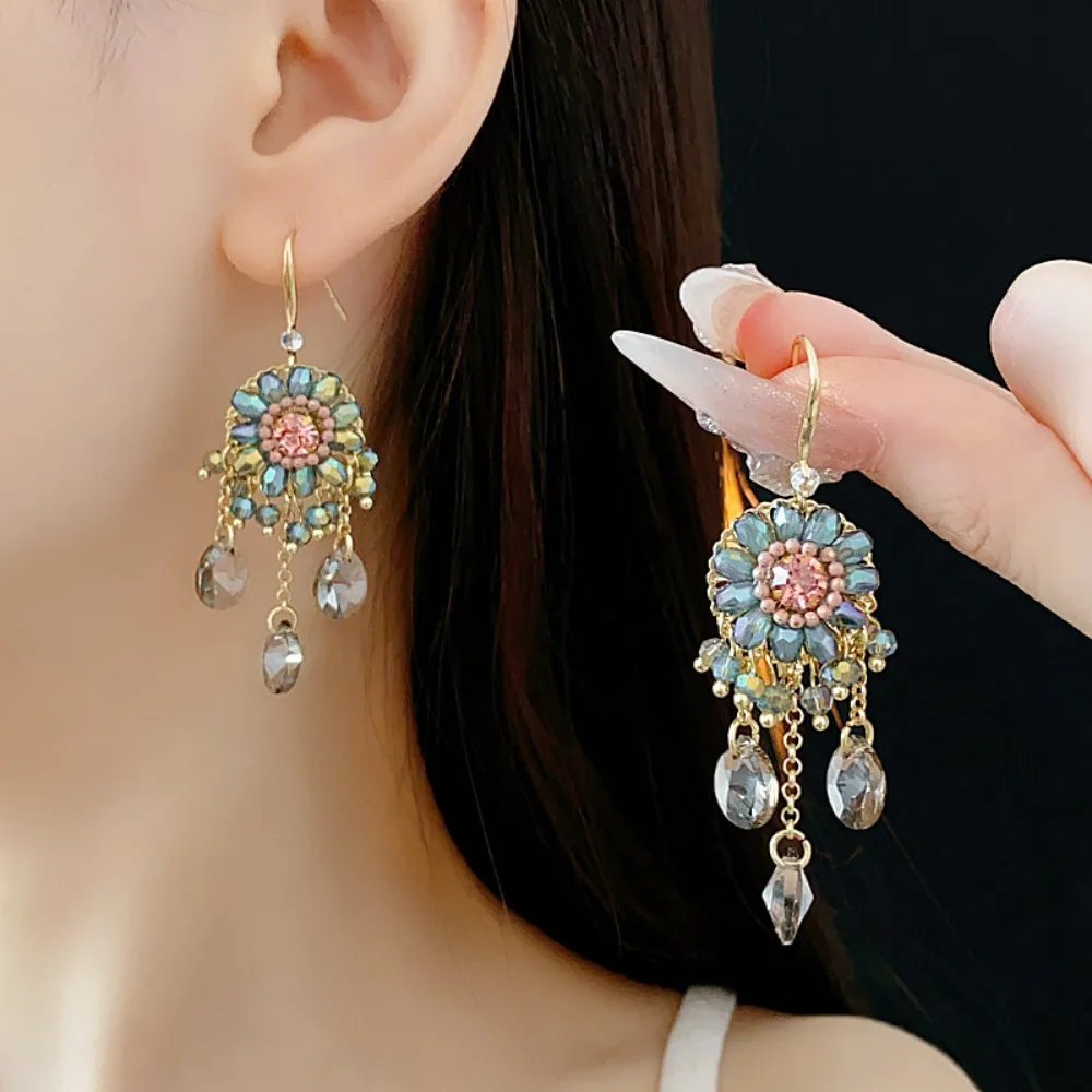 Exotic Boho Gold Color Radiant Floral Pavé Zircon Teardrop Simulated Crystal Tassel Dangle Earrings for Women Banquet Jewelry