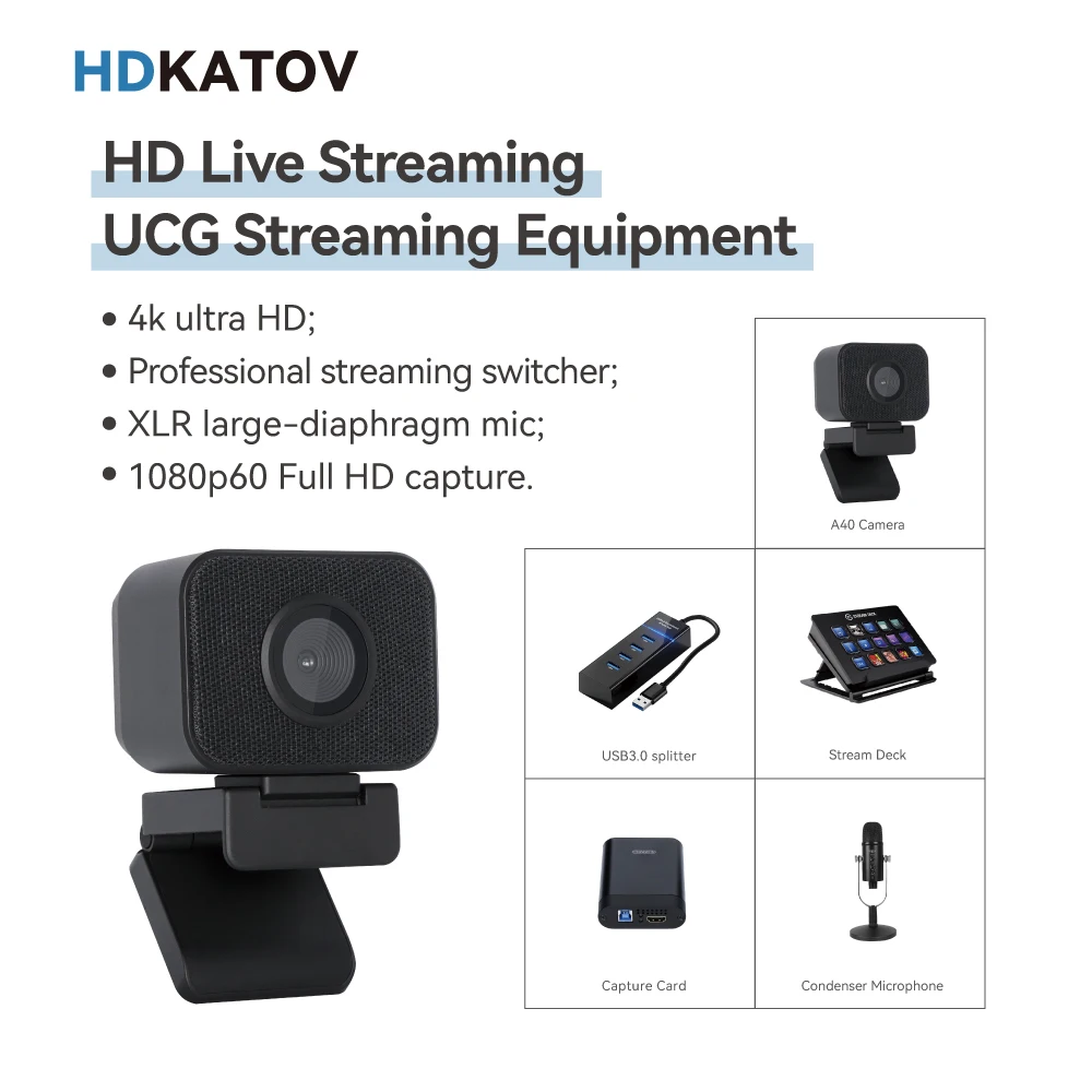 HDKATOV UCG streaming equipment kit usb microphone+capture card+stream deck+USB3.0 splitter+UHD live streaming 4k 60fps webcam