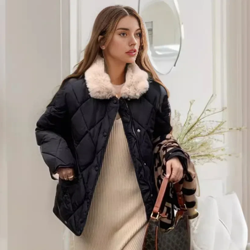 Damska kurtka zimowa 2025, krótka kurtka z jagnięcej wełny, odporna na zimno, kontrastowe kolory, klapa, codzienna kurtka bawełniana, damskie parki, płaszcz.