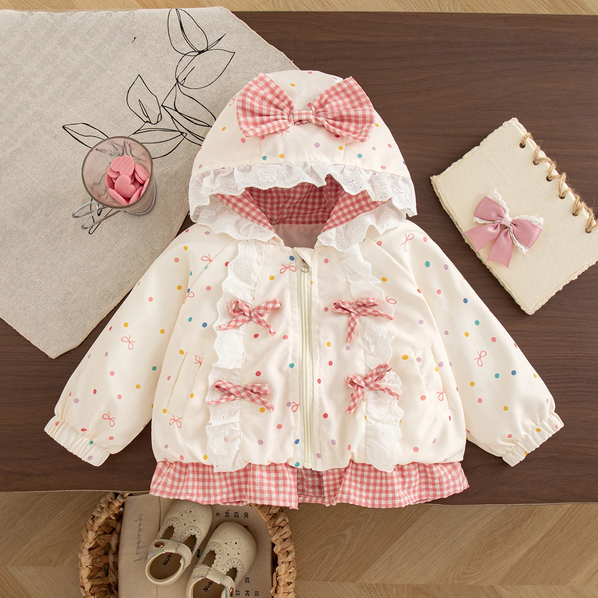 Baby Jacket Autumn And Winter Cotton Bow Colored Polka Dot Long Sleeved Baby Girl Coat Cartoon Casual Baby Girl Top Baby Clothes 3