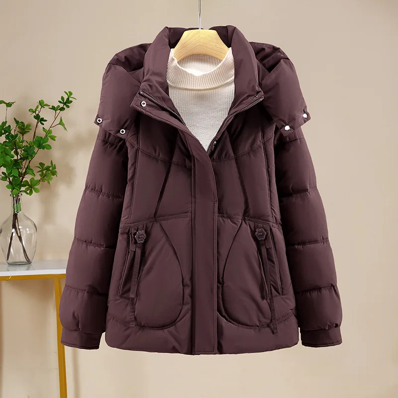 Women Short Oversize Parkas Coats Hooded Jacket Solid Long Sleeve Turn Down Collar Zipper Looose Thick Office Lady 2025 Winter