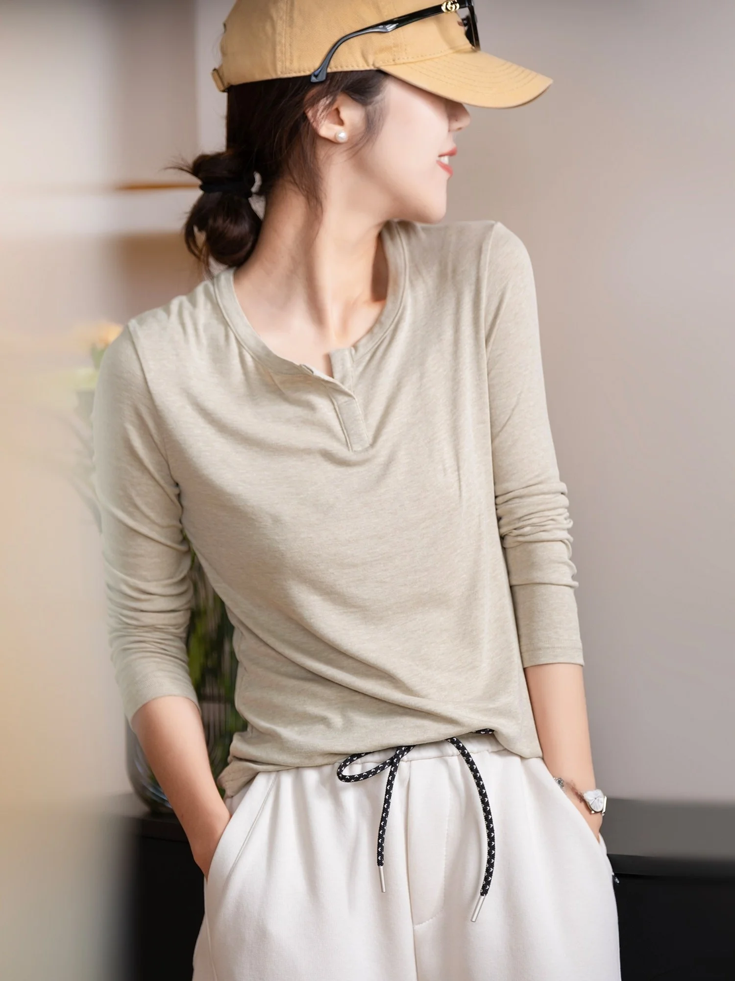 Lelsier 190g Women's Long Sleeve T-Shirt V-Neck Casual Wool Blend Comfortable Fit Standard Edition Fashion Spring Collection
