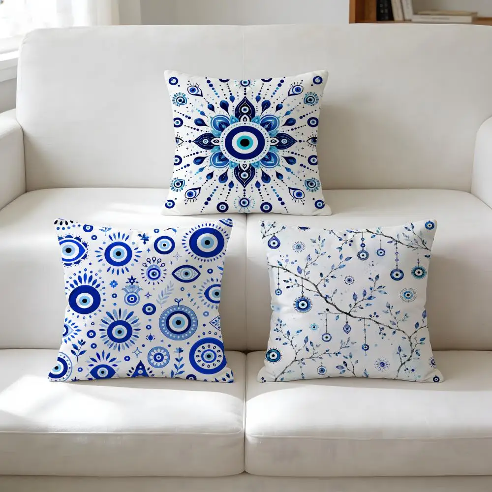 Blue Eyes Mandorla Star Moon Pillow Case Double-Sided Plush Sofa Cushion Covers Organic Breathable Invisible Zipper
