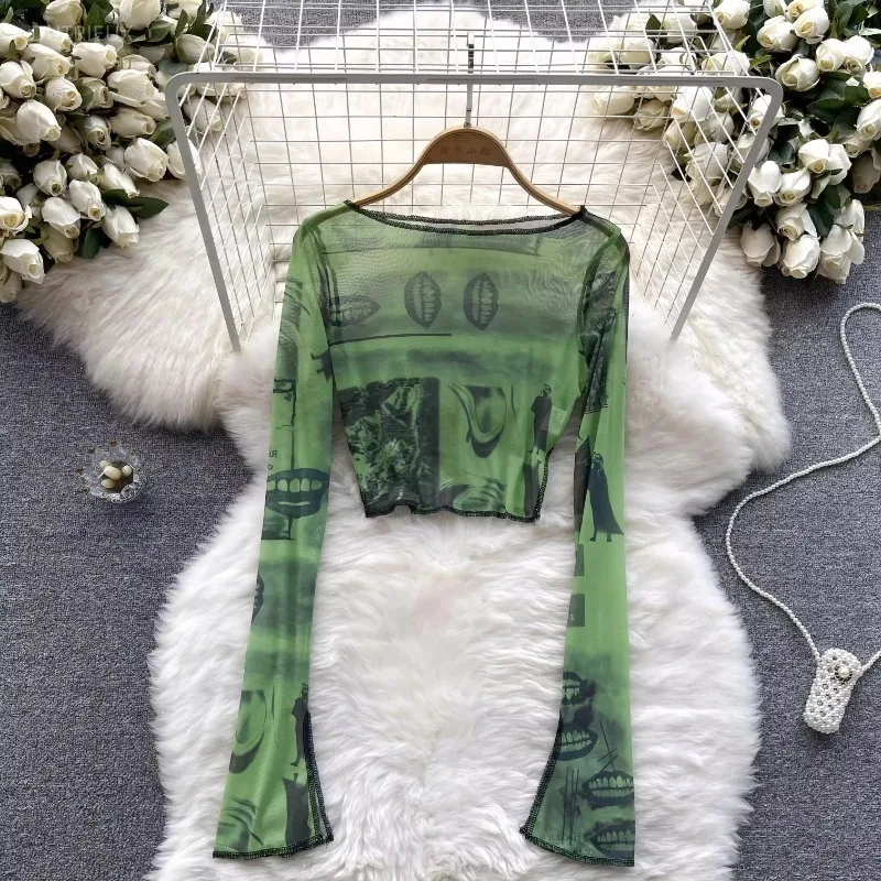 Vintage Sexy See Trough Crop Top Graphic Print Green Mesh Sheer T-shirt Long Flare Sleeves Slim Fit Tee Women Clothes Summer