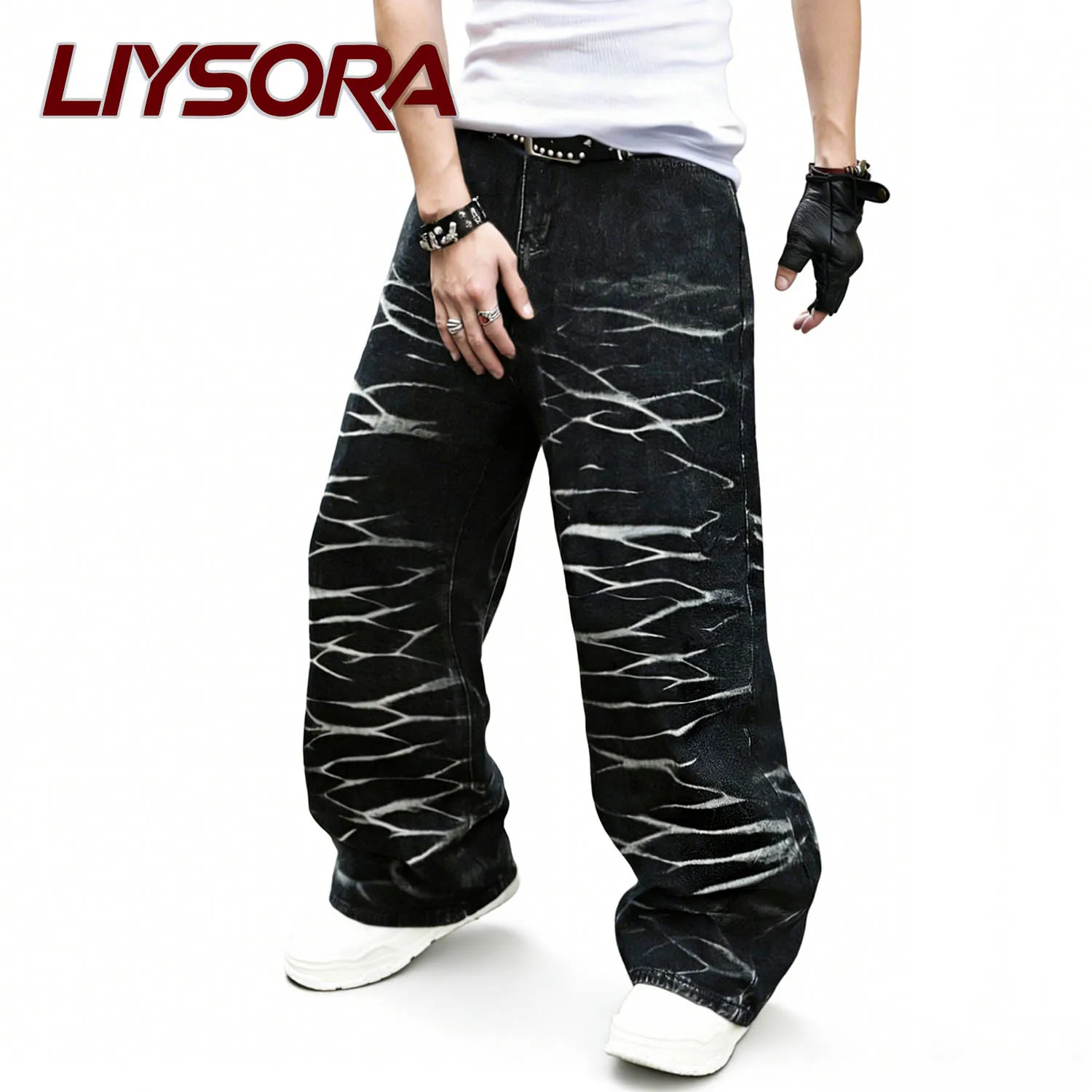 

Мужские мешковатые прямые джинсы Four Seasons в американском стиле ретро, черные свободные джинсовые брюки в полоску с индивидуальными волнами, роскошные джинсы унисекс