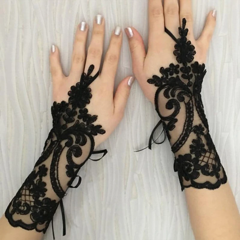 White Black Lace Flower Wedding Gloves Bridal Women Hook Finger Fingerless Gloves Banquet Party Photography Clothing Accessories