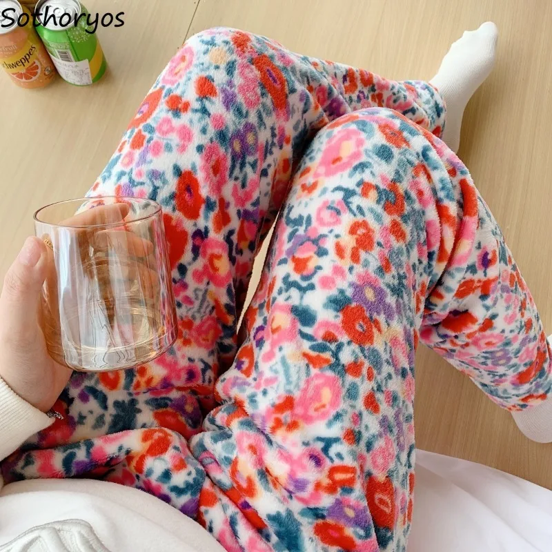 Coral Fleece Sleep Bottoms Women Sleepwear Full Length Floral Loose Home Leisure Warm Winter Thick Thermal Sweet Lovely Female