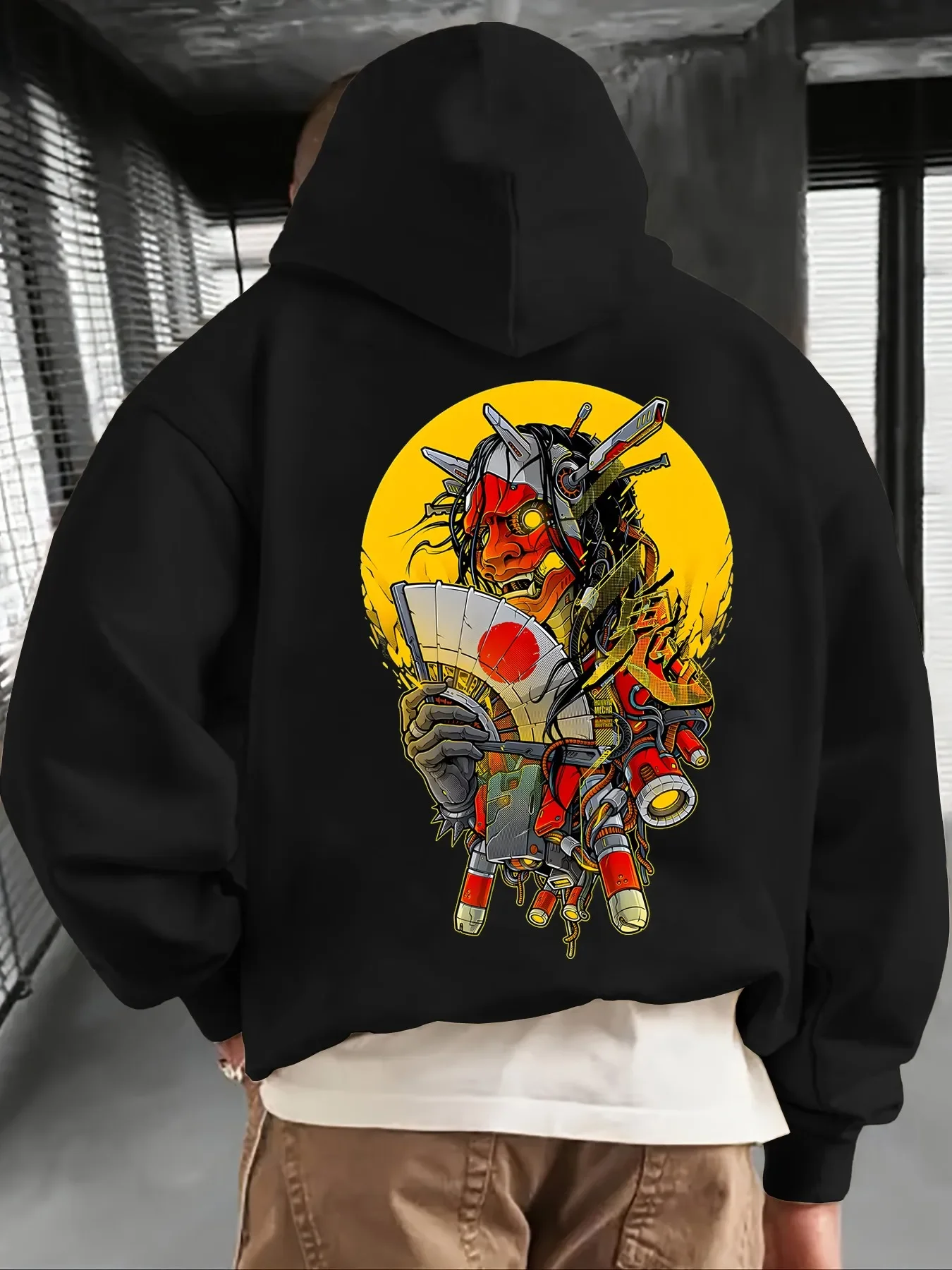 Korean Hot Style Cyber Oni Warrior Print Hoodie For Men Women Trendy Urban Pullover Hooded Sweatshirt Loose Fit