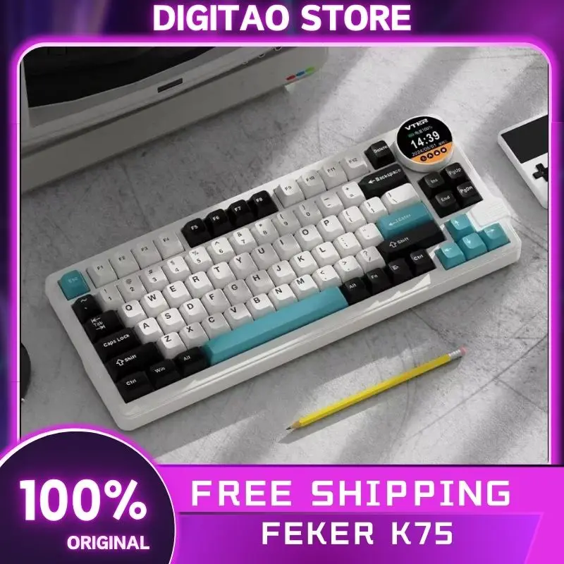 

Feker K75 Gaming Mechanical Keyboard 3mode 2.4G Bluetooth Wireless Keyboard 83keys RGB With Knob Screen Pbt Gamer Keyboards Gift