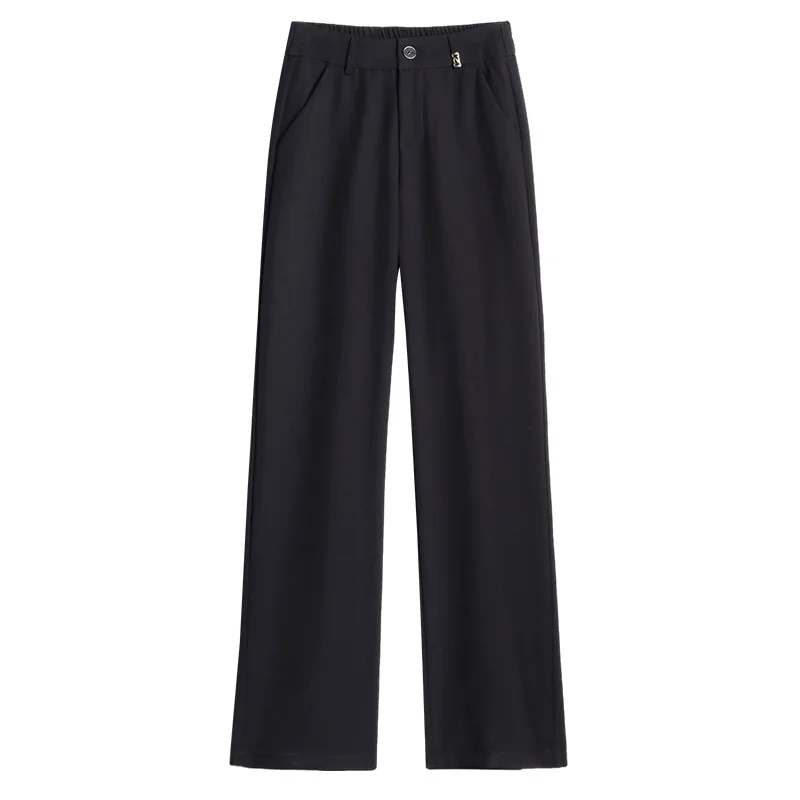 سروال بدلة سوداء للنساء، سروال خريفي عالي الخصر للتخسيس فضفاض متعدد الاستخدامات ثنيات تسع نقاط صغير مستقيم الساق