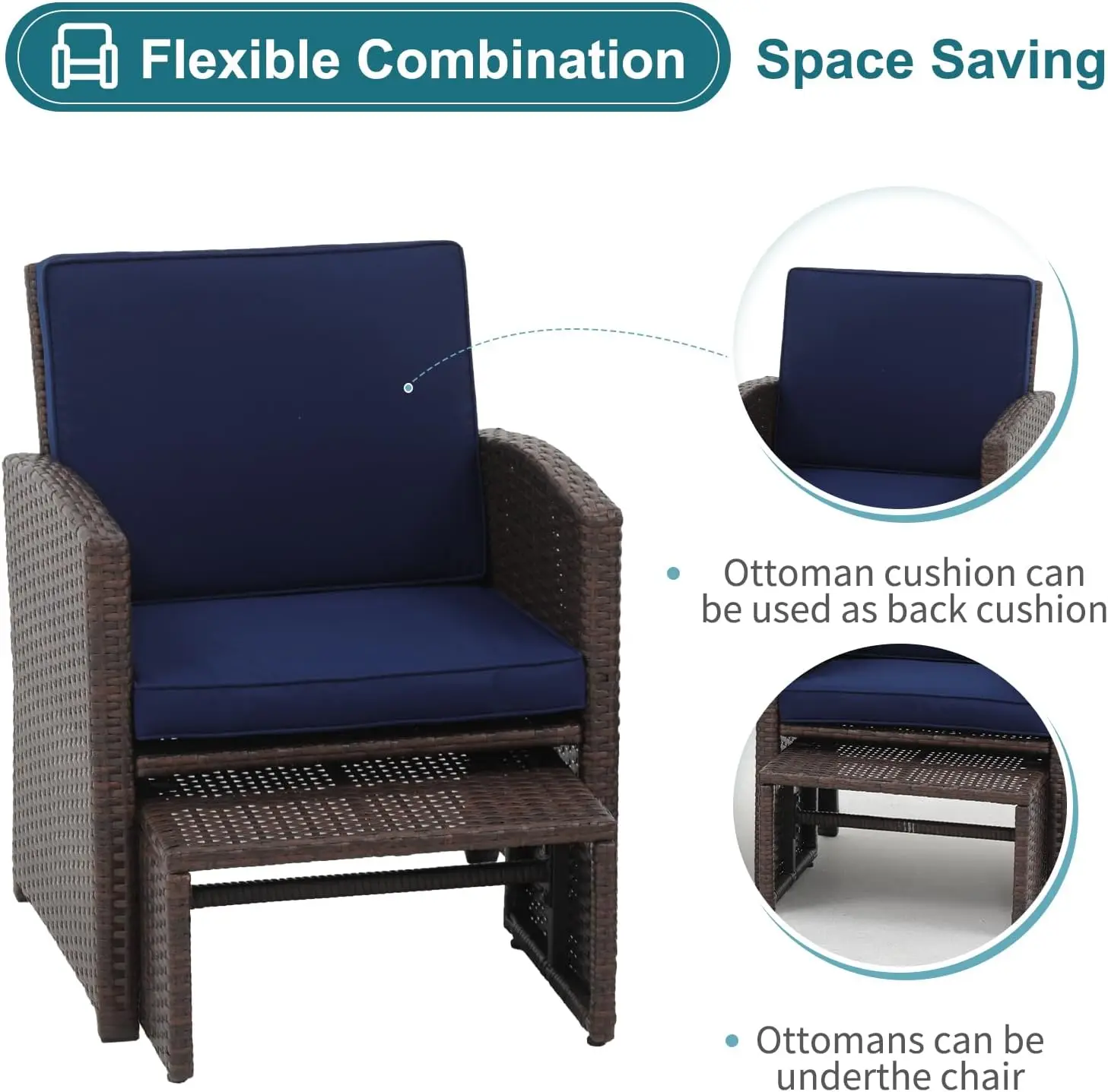 Set da giardino in vimini marrone da 5 pezzi con cuscini, pouf e tavolo portaoggetti per cortile, giardino, portico