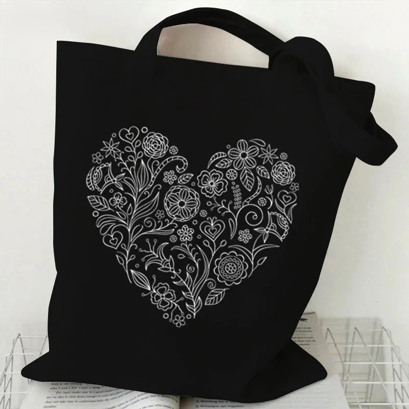 Books and Flower Canvas Tote Bag for Women Vintage Skull Wildflower Skeleton Handbag Fashion Shopper Bags Female Shoulder Bag