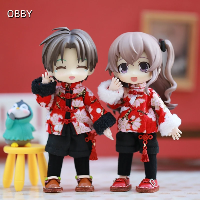 

1/12 OB11 Doll Clothes Chinese New Year Tang Suit Set - Red Traditional Jacket + Black Pants with Chinese Knot for Nendoroid YMY