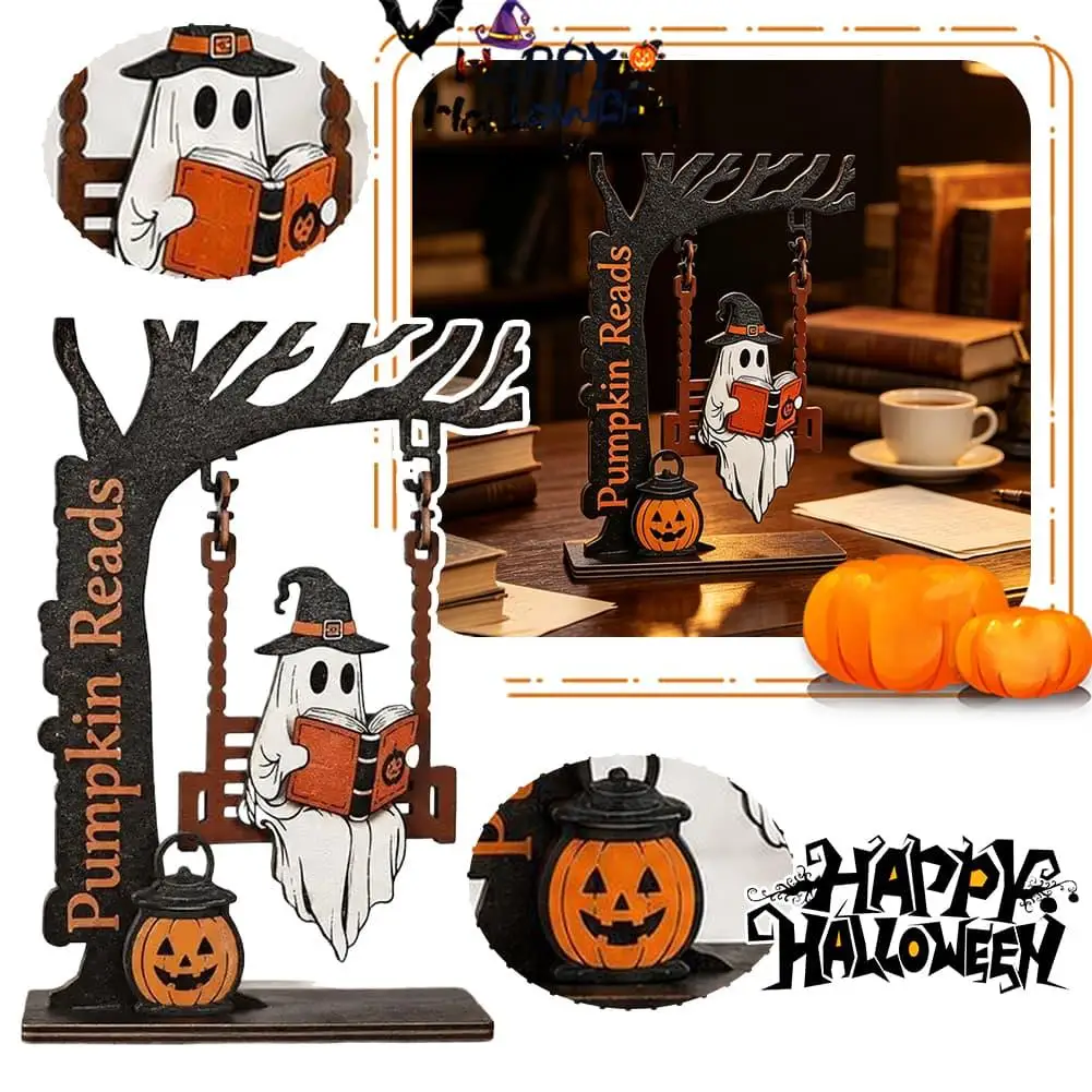 Ghost Swing Figurine Wooden Tree Halloween Decor Pumpkin Reading Spooky Tabletop Ornament Witch Hat Party Decoration Gift